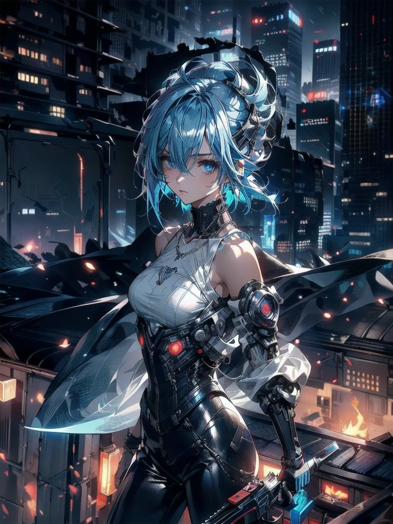 absurdes, RAW Photos, Very delicate and beautiful, masterpiece, Highest quality, Ultra-high resolution, 32K, surreal, Very detailed, cyberpunk world、20-year-old, Delicate facial features,, Earrings, Medium chest, Full Body Shot, Shorten the middle part of the hair, Beautiful Blue Hair, , short Hairstyles、Cyber Tech Suit with realistic texture、The fabric is thin,City background.(night、Rooftop of a burning building:1.5)
Hair in front of eyes, Blue Hair/Light blue hair, Hair that falls over the shoulders, (Carrying a weapon、have a weapons:1.2)(Silver Necklace)