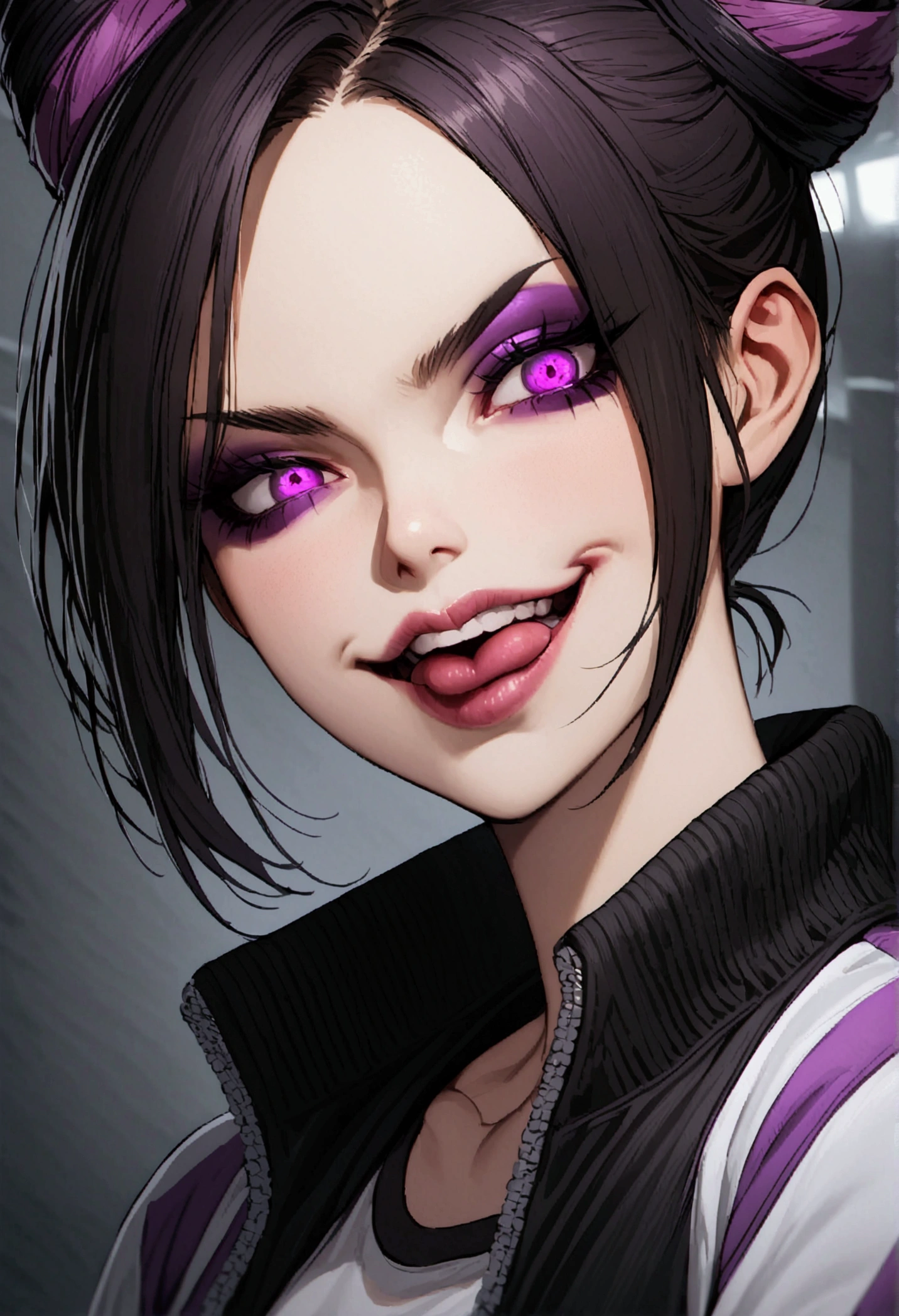 dark eyeshadow,glare eyes,beautiful young fitness woman with , in a gym wearing May with black pantyhose, white and purple fitted gym jacket. standing alone,hair horns,bright purple eyes,Evil smile,legging preto ,lips,dark eyeshadow,glare eyes,close up,mouth open with a big evil smile
