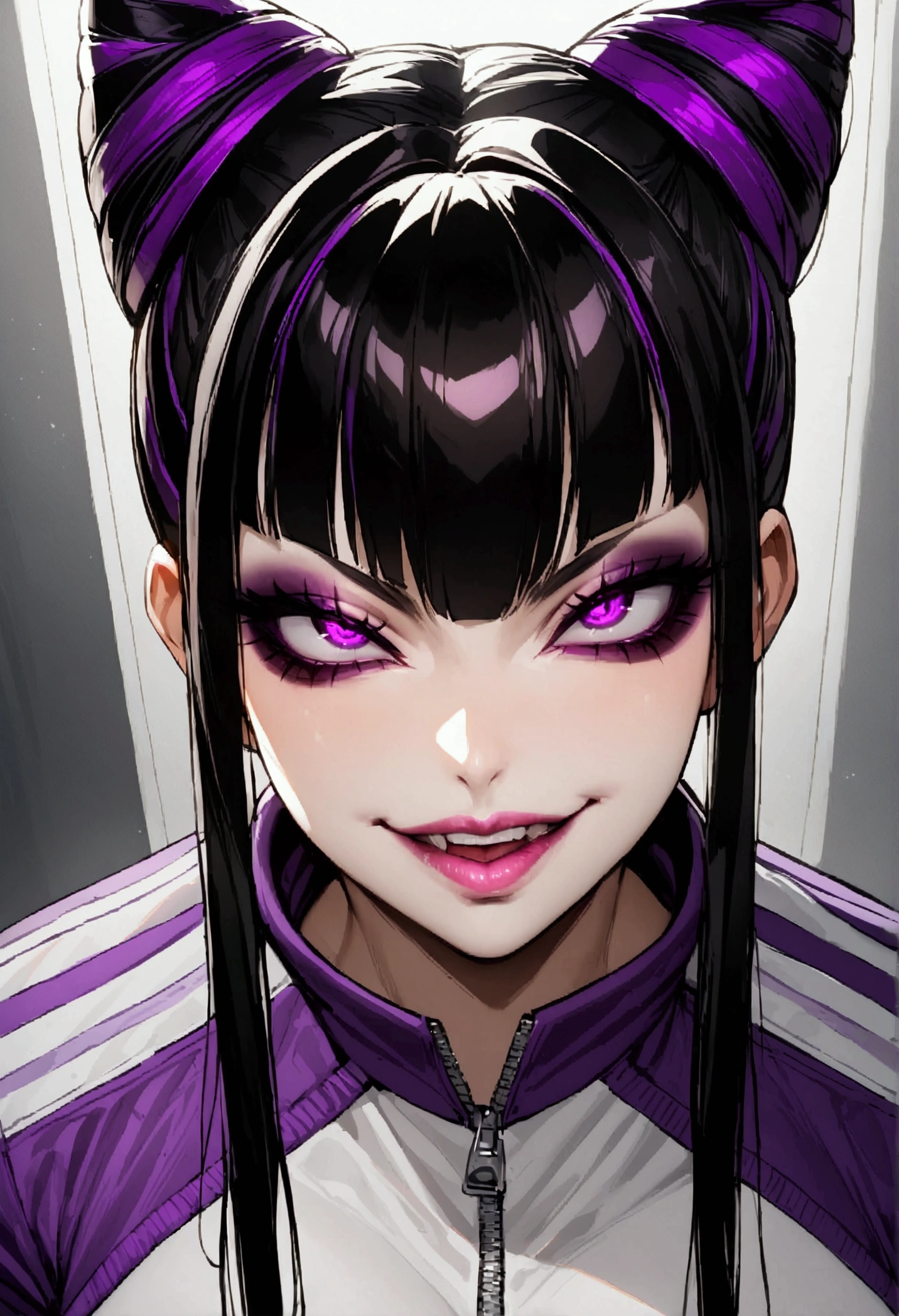 dark eyeshadow,glare eyes,beautiful young fitness woman with , in a gym wearing May with black pantyhose, white and purple fitted gym jacket. standing alone,hair horns,bright purple eyes,Evil smile,legging preto ,lips,dark eyeshadow,glare eyes,close up,mouth open with a big evil smile