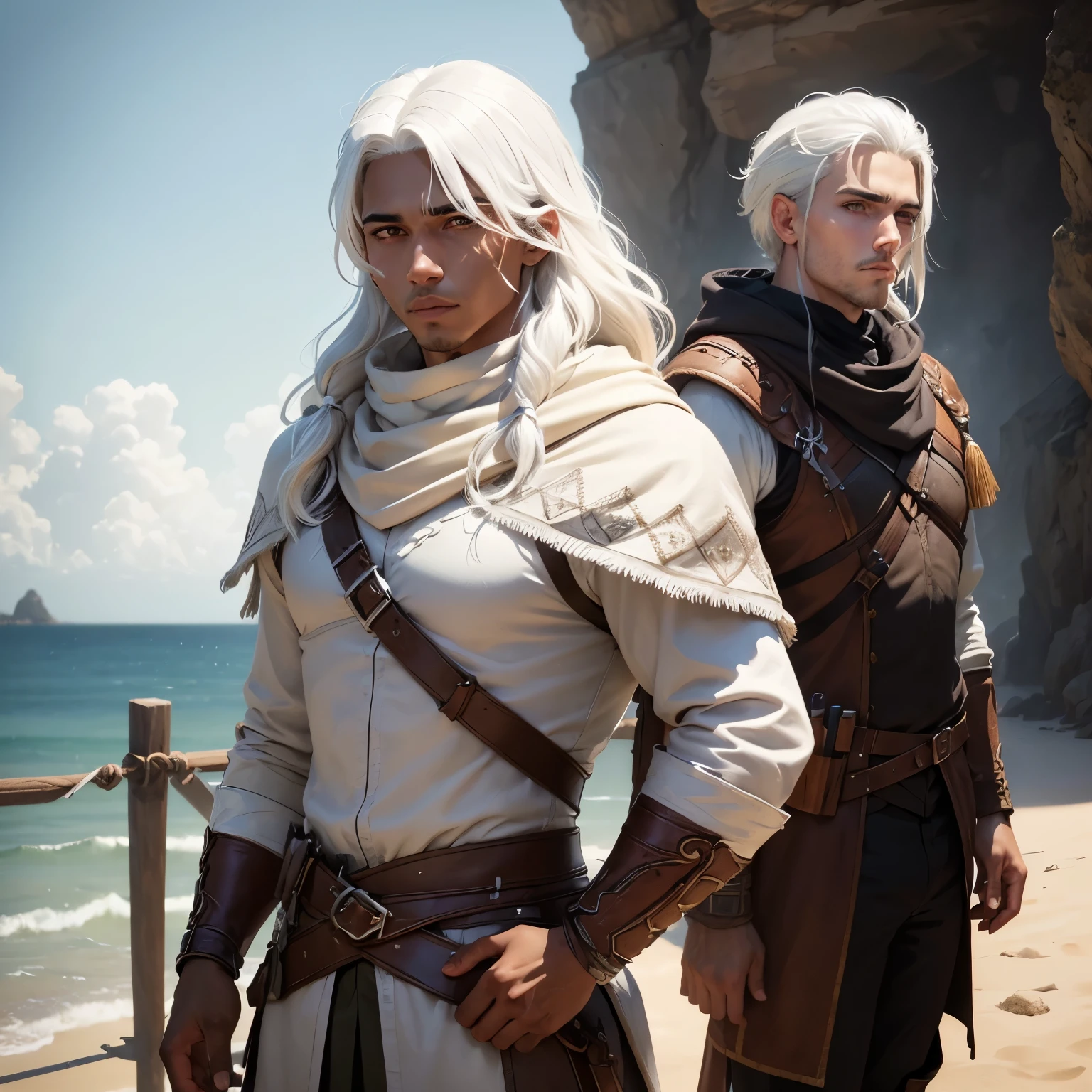 ((best qualityer)), ((work of art)), (detailded), 8k, 4K, hight contrast, work of art, Meticulous attention to facial features and hair strands, 8k, work of art, best qualityer, realisitic, altamente detailded, 1 homem ranger,Dark skin features, (((brown skin man))), (((white hair ))) adventurer ready for war, ranger,ranger, in the background a view of the sea ,clear lighting, detailed shadows