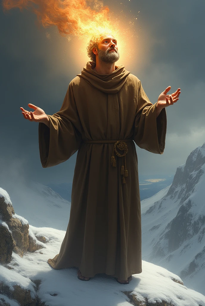 man seeking God, in the desert on a rainy day, crying with his hands raised to the sky, a light from heaven descending upon him