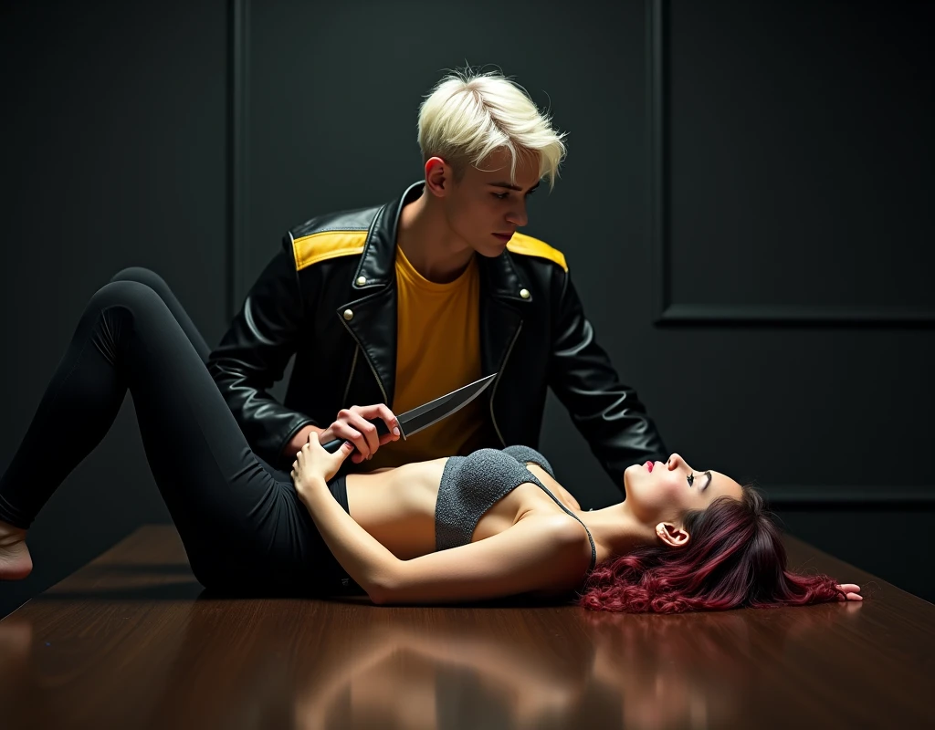 181 cm tall, 22-year-old boyish male with a lean figure, short platinum blond layered hair with side-swept bangs, blue eyes, Germanic-Icelandic features, wearing tight black pants and a black leather jacket with yellow shoulder accents, yellow shirt, amused expression, straddling the hips of a 24-year-old woman of almost the same height, lying supine on a dark wood meeting table inside a black-toned office, wearing a grey lacy push-up bra and black pants, with medium-length vibrant maroon side-parted wavy hair and light skin, beneath him looking up at him. He is holding a K-bar knife to her neck. Photorealistic, cinematic.