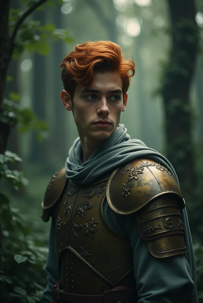 young man, nineteen years old. porcelain skin, angelic face. big, shiny eyes, gray like clouds. dull orange wavy hair. oval face. straight, small nose. thick lips. defined eyebrows. looking to the side. He wears silk cloth, bronze armor. big cheeks He is in a dark forest.