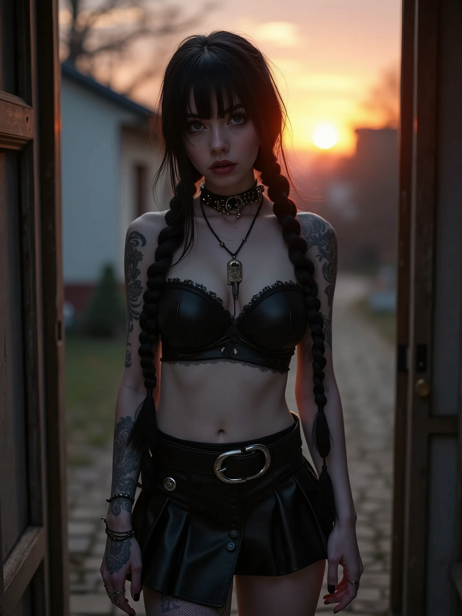 ((ultra quality)), ((tmasterpiece)), goth girl, ((long black hair braided into one braid), ((there are piercings and rings in the ears)), Beautiful cute face, beautiful female lips, ((dark makeup)), charming beauty, ((embarrassed expression)), is looking at the camera, ((Skin color: white)), ((have tattoos on the body)), Body glare, ((detailed beautiful female eyes)), ((dark brown eyes)), beautiful female hands, ((perfect female figure)), ideal female body shapes, Beautiful waist, nice feet, big thighs, Beautiful butt, ((Subtle and beautiful)), seductively worth it ((closeup face)), ((wearing a black leather skirt and a black sleeveless tank top, black choker around the neck, black boots with a large platform, black stockings)), background: Threshold of the house, evening sunset, ((Depth of field)), ((high quality clear image)), ((crisp details)), ((higly detailed)), Realistic, Professional Photo Session, ((Clear Focus)), ((cartoon)), the anime, NSFW
