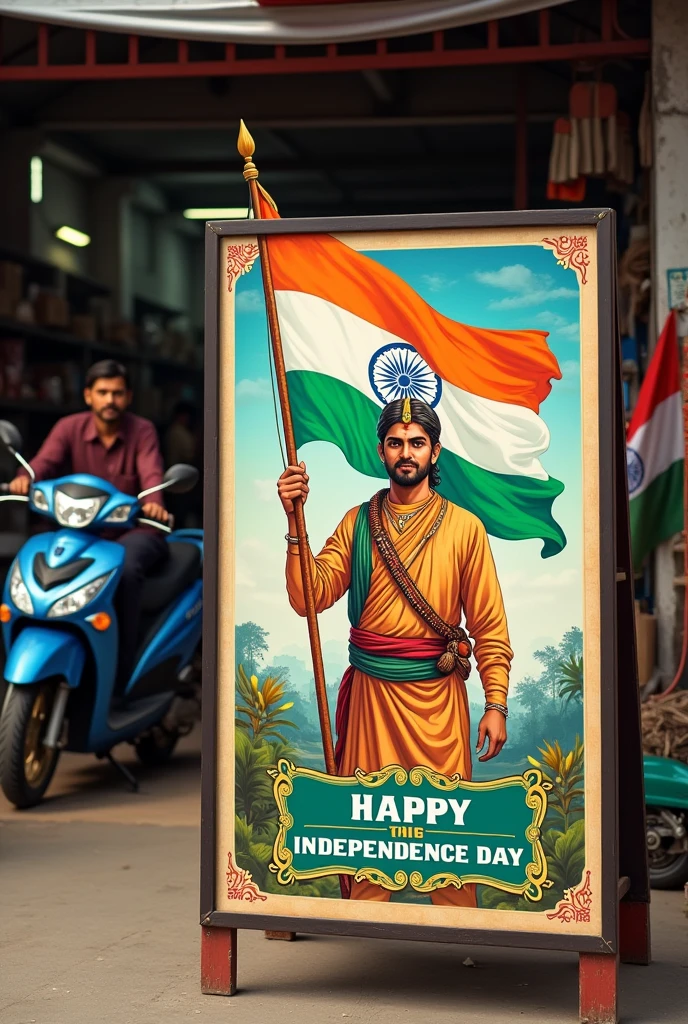 Indian Independence Day poster in front of a two-wheeler mechanic shop