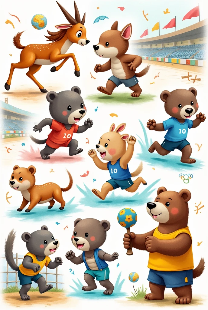Draw animals playing in Olympics sports with watercolor team