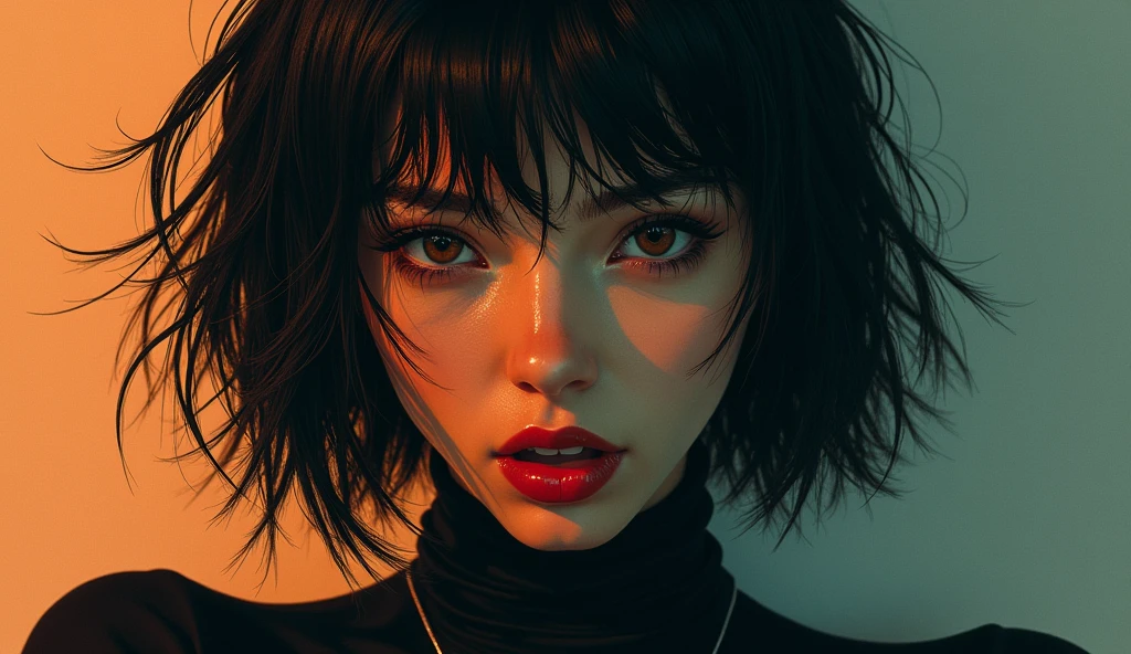 ultra-detailed, realistic, wallpaper, bites her lip,woman head, disheveled, hard breath, bob cut, sexual tension, red lips, sexy despair, sweat, messy, loosing control, turtleneck, artwork, conceptual artwork, void, abstract, orange blue,