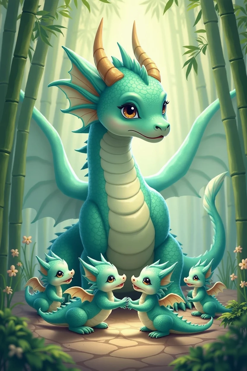 A tiffany green dragon,huge,on the ground,Several little dragons held hands with him,Young dragons come in different colors.,Exquisite,cute style,background chinese style,forest