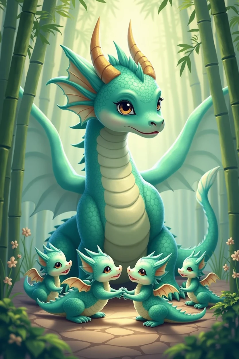 A tiffany green dragon,huge,on the ground,Several little dragons held hands with him,Young dragons come in different colors.,Exquisite,cute style,background chinese style,forest