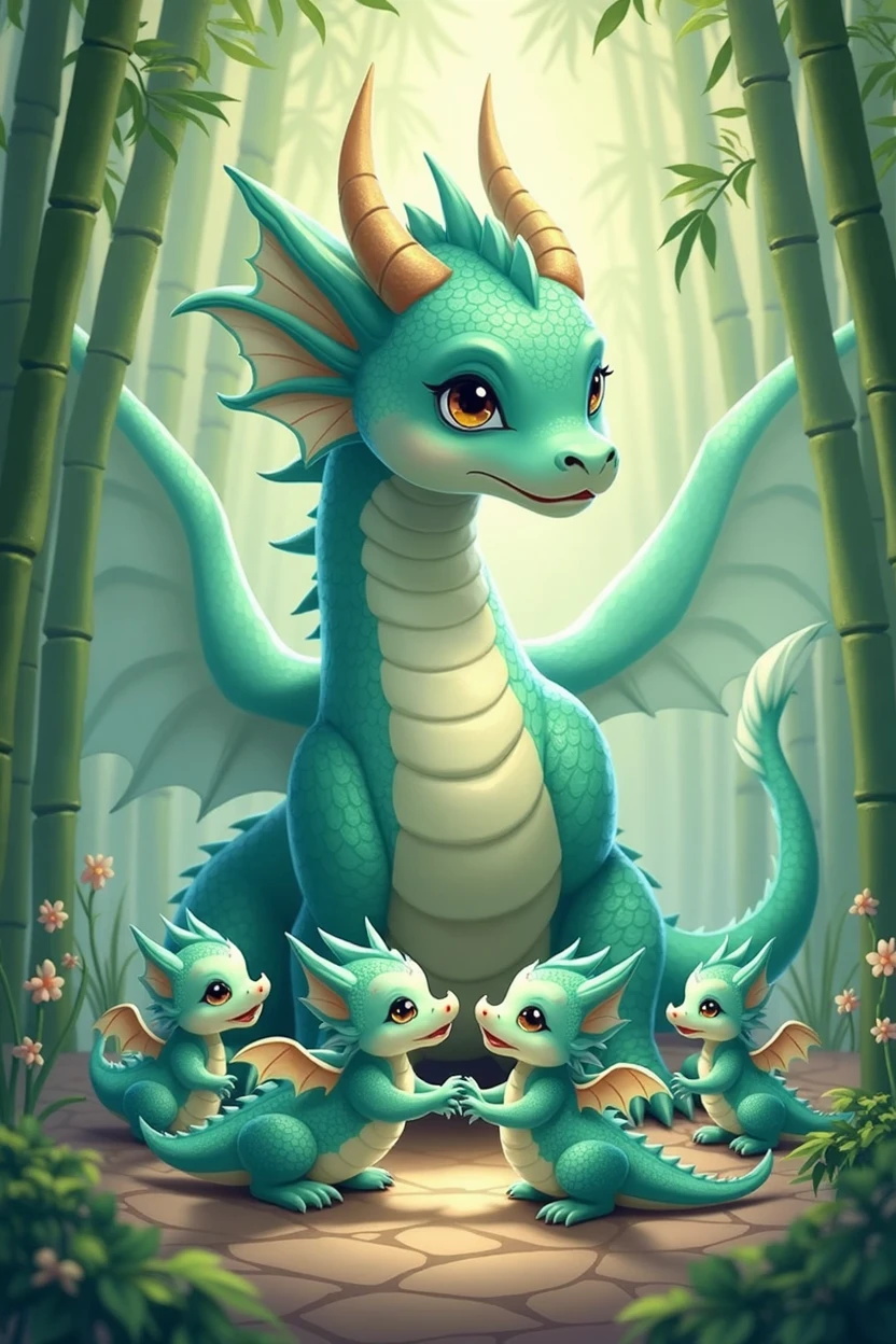 A tiffany green dragon,huge,on the ground,Several little dragons held hands with him,Young dragons come in different colors.,Exquisite,cute style,background chinese style,forest