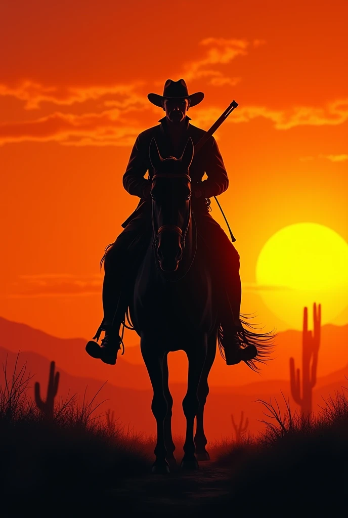 ((Best Quality)), ((masterpiece)), (detailed), Sunset background in the old west (apocalyptic), the silhouette of a 40-year-old cowboy, Handsome in the middle with a wide-brimmed hat, mounted on a black horse with a rifle slung across his back, with short hair, lugubrious, (Highlighting the background slightly).