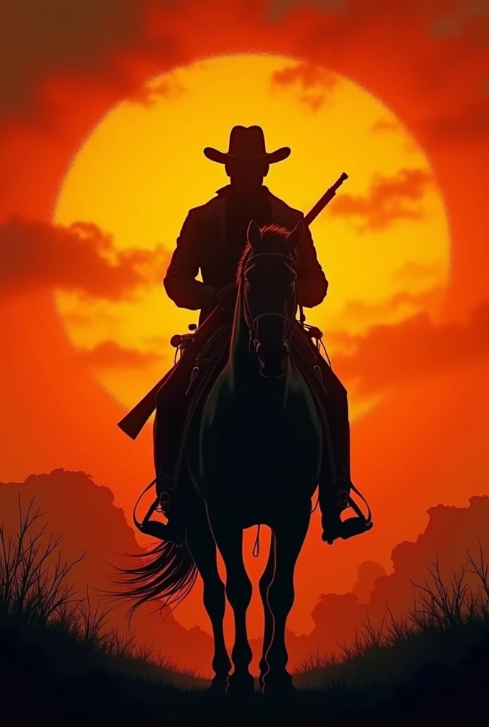 ((Best Quality)), ((masterpiece)), (detailed), Sunset background in the old west (apocalyptic), the silhouette of a 40-year-old cowboy, Handsome in the middle with a wide-brimmed hat, mounted on a black horse with a rifle slung across his back, with short hair, lugubrious, (Highlighting the background slightly).