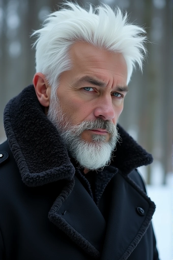 Sexy and imposing man of about 39 years old, snow-white skin, grey eyes, White hair, dressed in a stylish winter coat with a short goatee beard, CHICHON SIN ARRUGAS ANIME with good hair, sexy