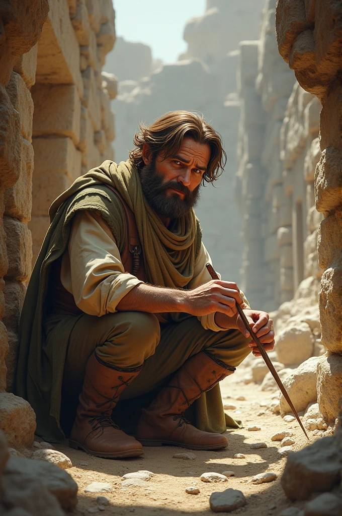 An archeologist is white skinned, brown hair not so big, bearded, light brown eye
