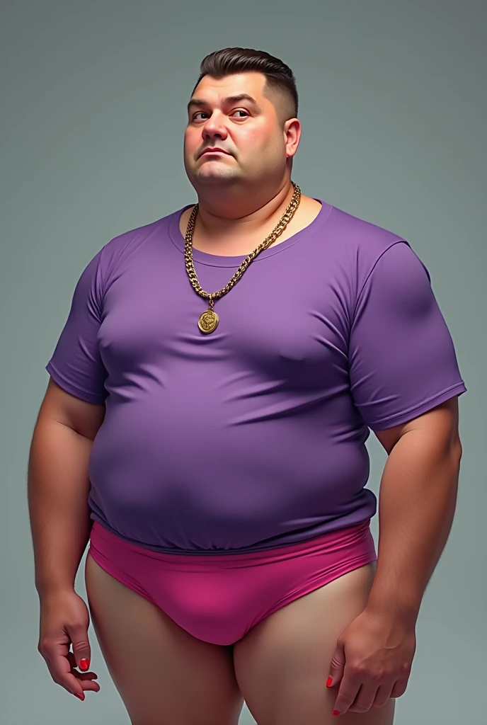 30 years old man Russian short Hair wearing a purple t-shirt pink panties wearing a gold necklace Very fat wearing red nail polish