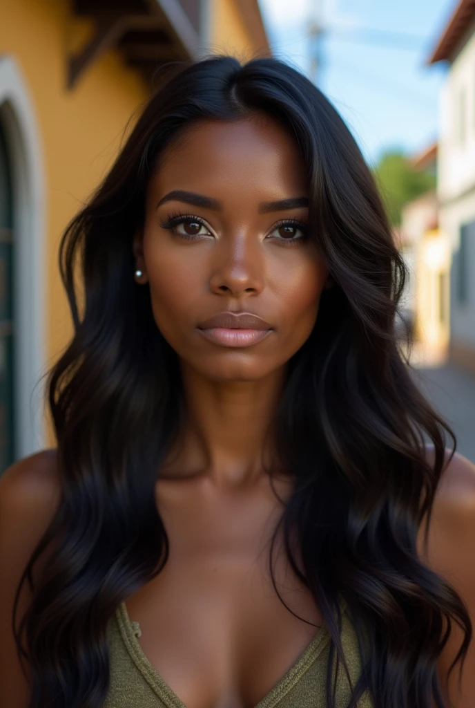 Create a realistic 4k style scene of a beautiful 30 year old woman, with facial features similar to aleisha allen, looking forward, a serious but elegant face, long wavy hair dark skin color, oval face shape, slightly with dark circles and slightly drooping upper eyelid, Wide nose, punta de la nariz slightly drooping, Slightly marked nasolabial folds, thick lips like a black woman, corner of the mouth ,slightly drooping, extremely small natural breasts, full body photo, height 167 cm tall, with casual clothes, street in the city of Quito Ecuador, (very detailed skin:1.2), 8k hd, DSLR, Soft lighting, high quality, film grain, Fujifilm XT3