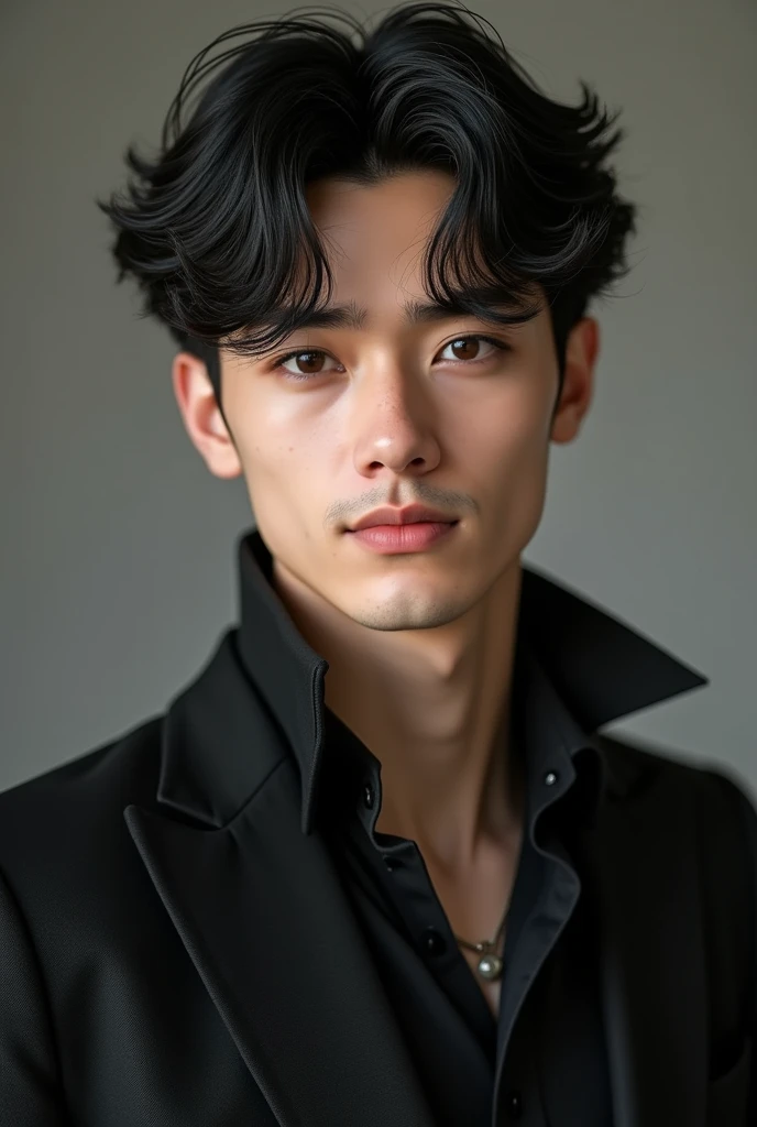 Create a handsome and elegant young man, black hair wavy brown eyes marked jaw height of 1.80 with 19 years old brackets and a cute smile and marked fangs 