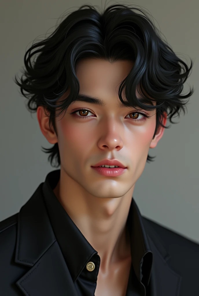 Create a handsome and elegant young man, black hair wavy brown eyes marked jaw height of 1.80 with 19 years old brackets and a cute smile and marked fangs