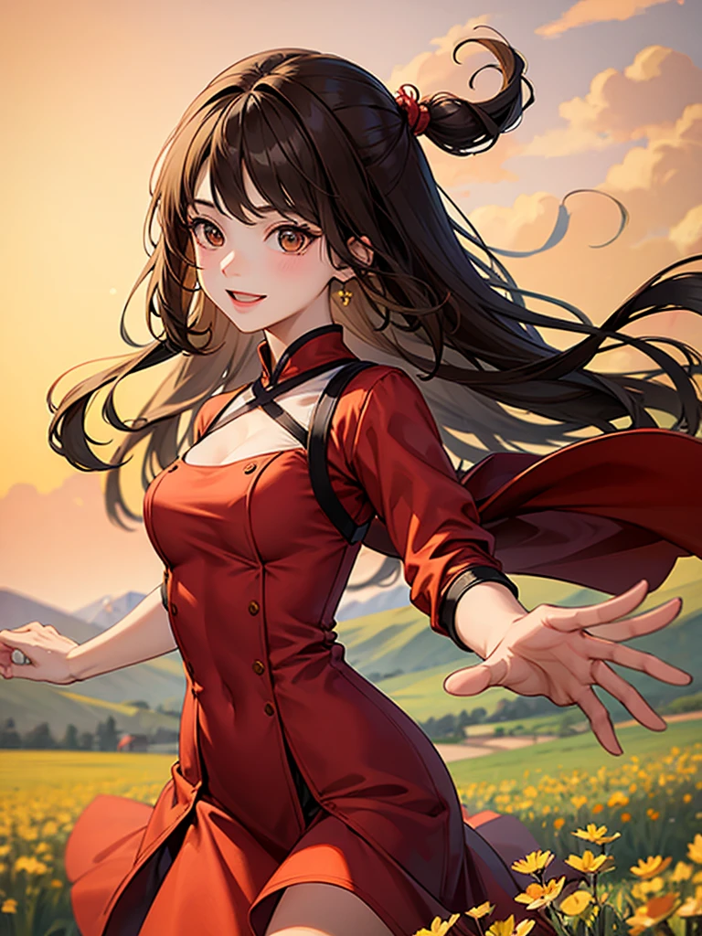 ((Highest quality)), ((masterpiece)), (detailed)、((Female))、Brown Hair、Brown eyes、The background is a field、A young woman jumping around energetically、Red dress、Cute smile、Perfect body