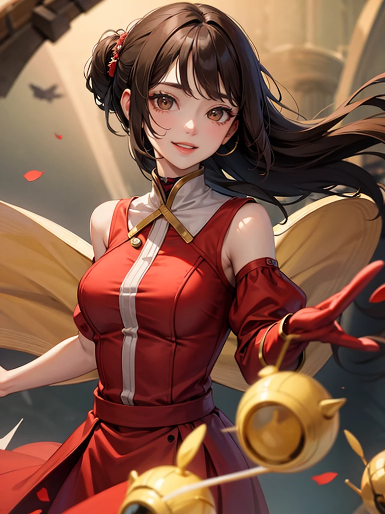 ((Highest quality)), ((masterpiece)), (detailed)、((Female))、Brown Hair、Brown eyes、The background is a field、A young woman jumping around energetically、Red dress、Cute smile、Perfect body