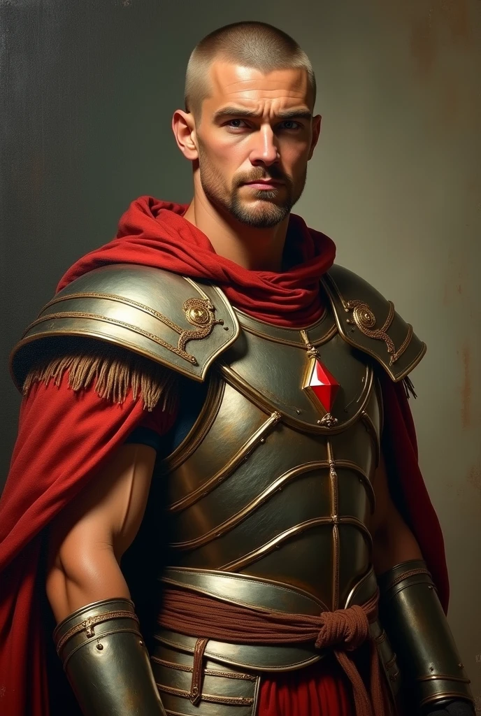 {{Masterpiece, best quality, realistic oil painting, by Théodore Géricault, muted colors, male focus}}, (((((dramatic half body portrait of a 30 years old male ancient Emperor, solemn, valiant, upright, brown skin, blonde, smiling, goatee, buzzcut, kohl painted eyes))))). (((he is wearing an iridescent silk draped, ronin uniform, armor ca, made alligator leather, with Praetorian inspired elements, slavic inspired elements, wearing a red diamond shape pendant))).