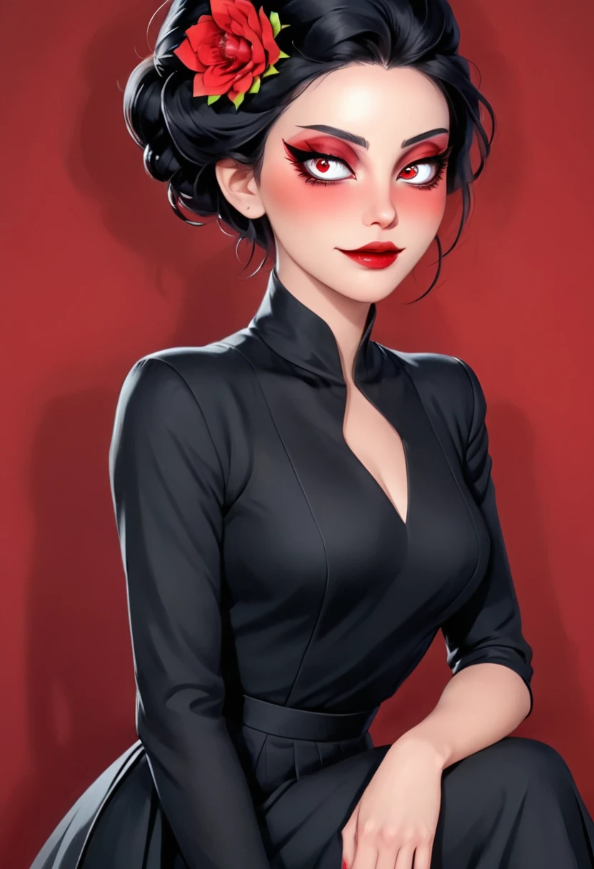 A strikingly elegant enchantress, her alabaster complexion stark against the black pencil skirt hugging her slender frame. Raven hair cascades like silk, framing piercing red eyes and lips that match the soles of her crimson heels. This image, perhaps a painting, radiates a sense of mystery and allure. Every detail is meticulously crafted, from the flawless makeup to the impeccable tailoring of her outfit. The overall effect is mesmerizing, drawing viewers into the enigmatic beauty of this femme fatale. Red eyes and fangs