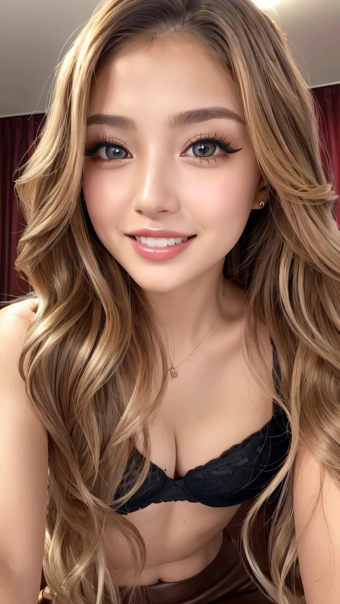 ((Highest quality, Tabletop, Ultra-high resolution、The most complex and detailed depiction))、(Face close-up:1.5),(One beautiful woman:1.8)、(Very light brown wavy hair:1.8), (Accurate anatomy:1.1)、Colored contact lenses、Perfect Makeup、Natural Lip、Highly saturated eyeshadow、sexy black bra、Short skirt、Blurred Background, Look at me and smile、Luxurious Room、(Ultra-high resolution gloss, Fair skin:1.1)、Ultra-high resolutionの顔、Ultra-high resolutionの髪、Ultra-high resolution sparkling eyes、Ultra-high resolution glossy lips、(Brightly lit white skin:1.1)、Beautiful face drawn in every detail、Ultra-high resolution perfect beautiful teeth、whole body, Exposing shoulders:1.8,Front Angle:1.8,Slim figure:1.5,D-cup soft breasts:1.8,Glamorous Body:1.1,Small face:1.3,