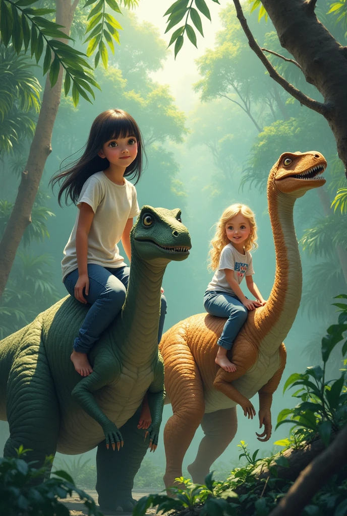 A landscape from the Jurassic period: cilma tropical, humid climate, helping to form forests with some dinosaurs in the background. With a white girl in front, with straight black hair and long hair, with brown eyes wearing a shirt and dark blue pants on top of a brachiosaurus dinosaur. A white girl from the front, with straight blonde hair and blonde hair, with brown eyes wearing a shirt and dark blue pants on top of a stegosaurus dinosaur. A white one in front, with curly blonde hair and blonde hair, with green eyes wearing a shirt and dark blue pants on top of a brontosaurus dinosaur.