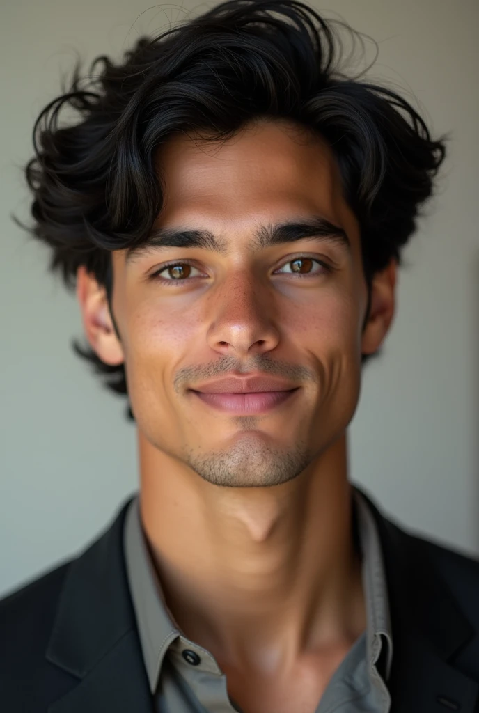 Create a young and handsome guy, elegant, black hair, wavy hair, Brown eyes, marked jaw, height of 1.80,19 years,con brackets,beautiful and detail-oriented smile.