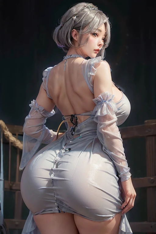 (1girl:1.3), (photorealistic:1.4), (masterpiece, top quality, best quality, official art), extreme detailed, highest detailed, (ultra-detailed), ((an extremely delicate and beautiful)), cinematic light, contemporary, exposed back, bend forwards, detailed butt, petite, sexy