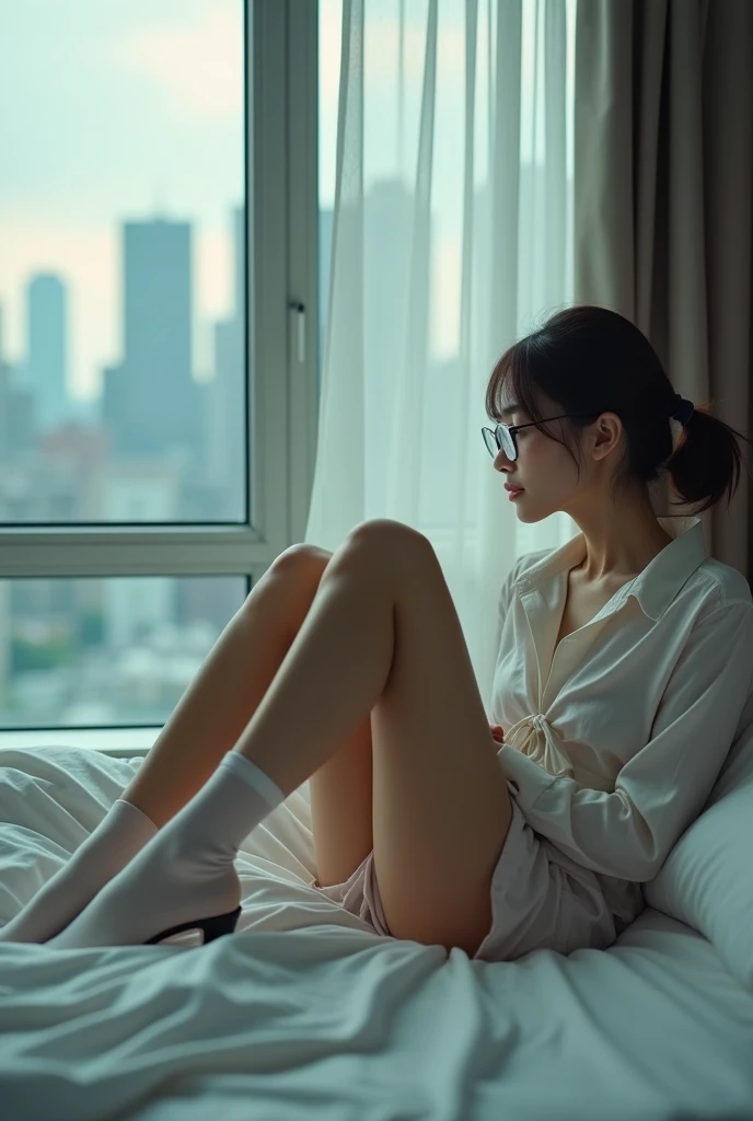 (8k,Movie,16mm wide-angle lens,Aperture 8,Multi-angle shooting,Rich in details )Chinese,Asian,in a New York office building ,secretary,wear glasses,Cool colors,miniskirt,High heel,exposed,sexy socks,Expose,Expose内衣,A large hotel room,Lying in bed,,Flirty,Romantic,Sexy woman,White,Looking out the window,Troubled woman,30 years old