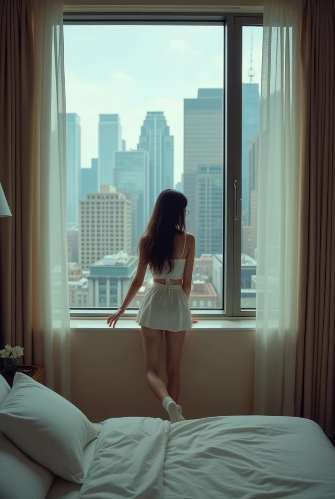 （8k，Movie，16mm wide-angle lens，Aperture 8，Multi-angle shooting，Rich in details ）Chinese，Asian，in a New York office building ，secretary，wear glasses，Cool colors，miniskirt，High heel，exposed，sexy socks，Expose，Expose内衣，A large hotel room，Lying in bed，，Flirty，Romantic，Sexy woman，White，Looking out the window，Troubled woman，30 years old