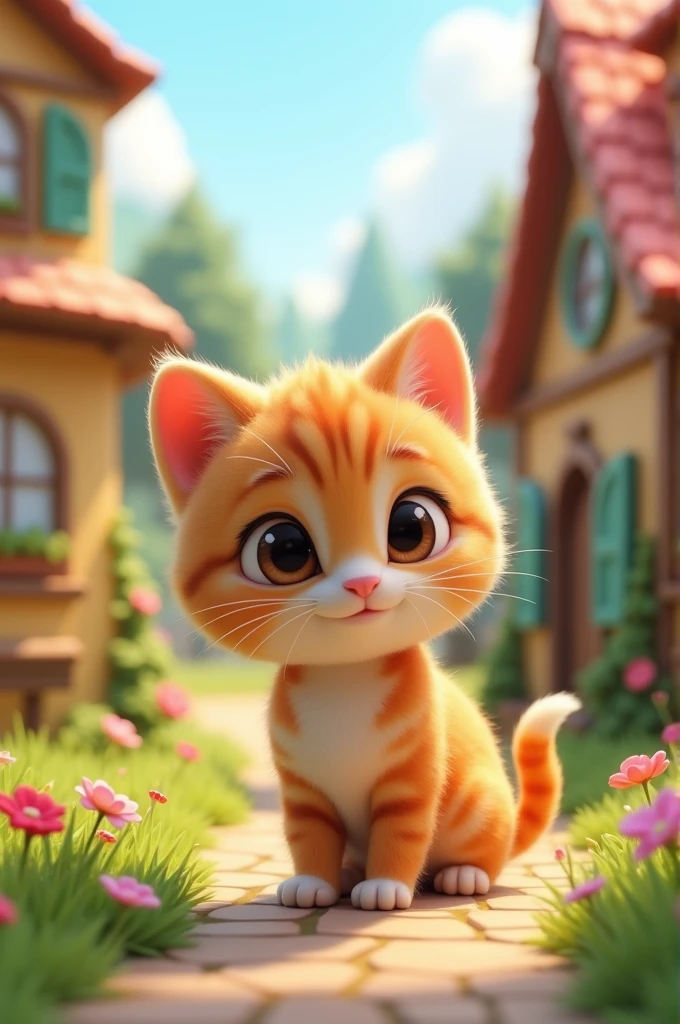 In cinematic 3d cartoon characters,"In a lovely house in a small village, there lived a lovely kitten named Minnie. Everyone liked her innocence and playfulness."