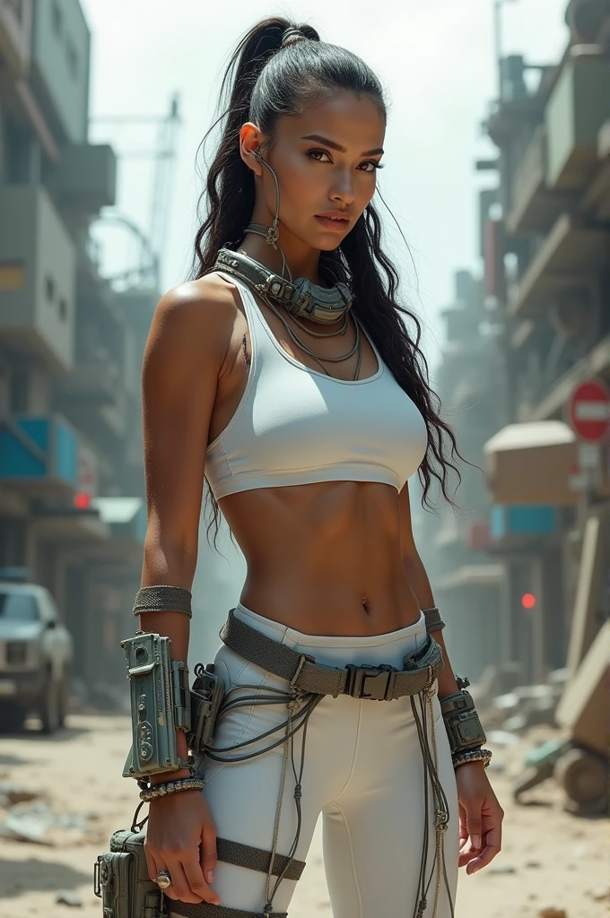 (Best image quality, Excellent details, Ultra-high resolution), 1 Girl, put((A futuristic military look inspired by white yoga pants, Military Wiring Harness, Military equipment,for example, Military Bags)), (A flamboyant character, Curved body, Fitness, Toned Abs), background(At a military base), (Dynamic pose)