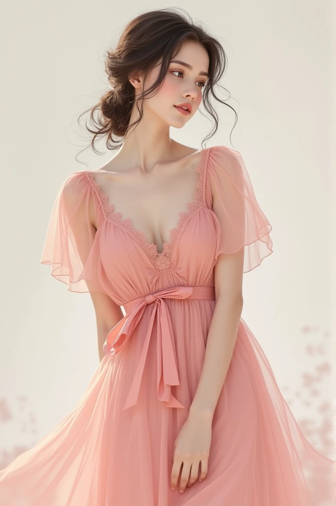 She was wearing a pink dress with a ribbon