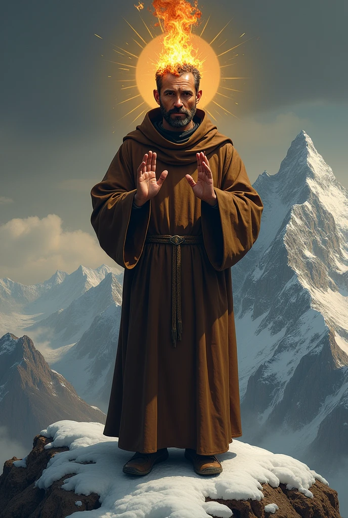 san francisco de assis; wearing a brown monk's robe; Showing the wounds on his hands; On top of a mountain; Full of Snow; On his head embers of fire; tenebrosa; realisitic