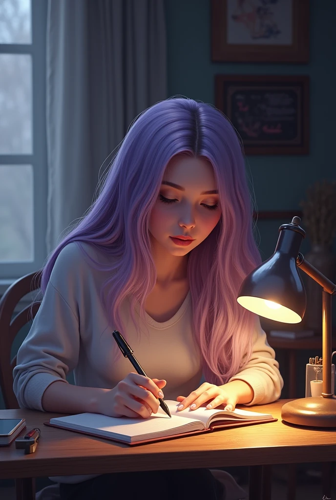 1 woman, beautiful, detailed face, writing on a notebook with a pencil at a wooden desk, light purple color hair, detailed hair, soft lighting with cute lamp at night
