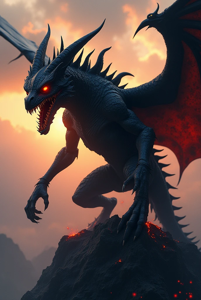 A monster with a harpy head with sharp teeth and flaming red eyes that are wide open, almost protruding from its face. Its black dragon body, With enormous wings. On top of a volcanic mountain at dawn.