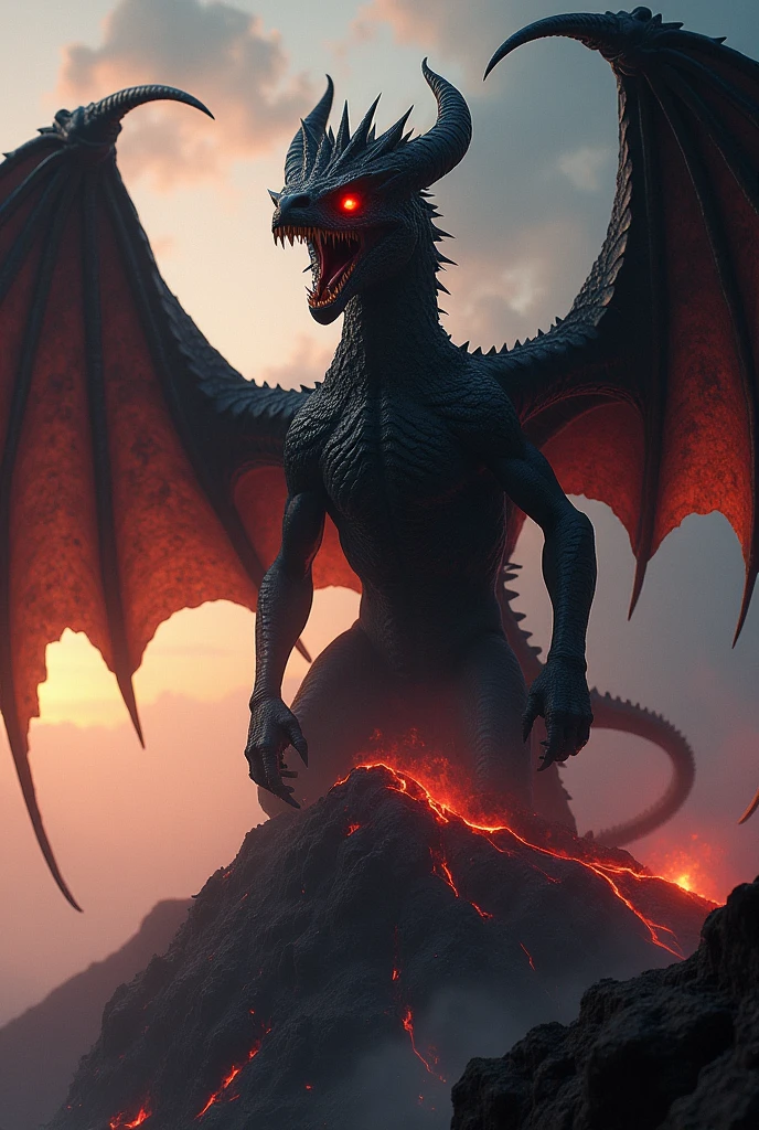 A monster with a harpy head with sharp teeth and flaming red eyes that are wide open, almost protruding from its face. Its black dragon body, With enormous wings. On top of a volcanic mountain at dawn.