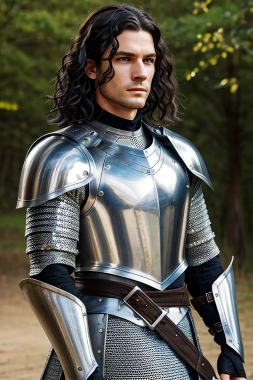 Create half the body of a white man with green eyes, short black wavy hair, profiled jaw, medieval armor with chainmail underneath and a sheathed silver sword. He is in front