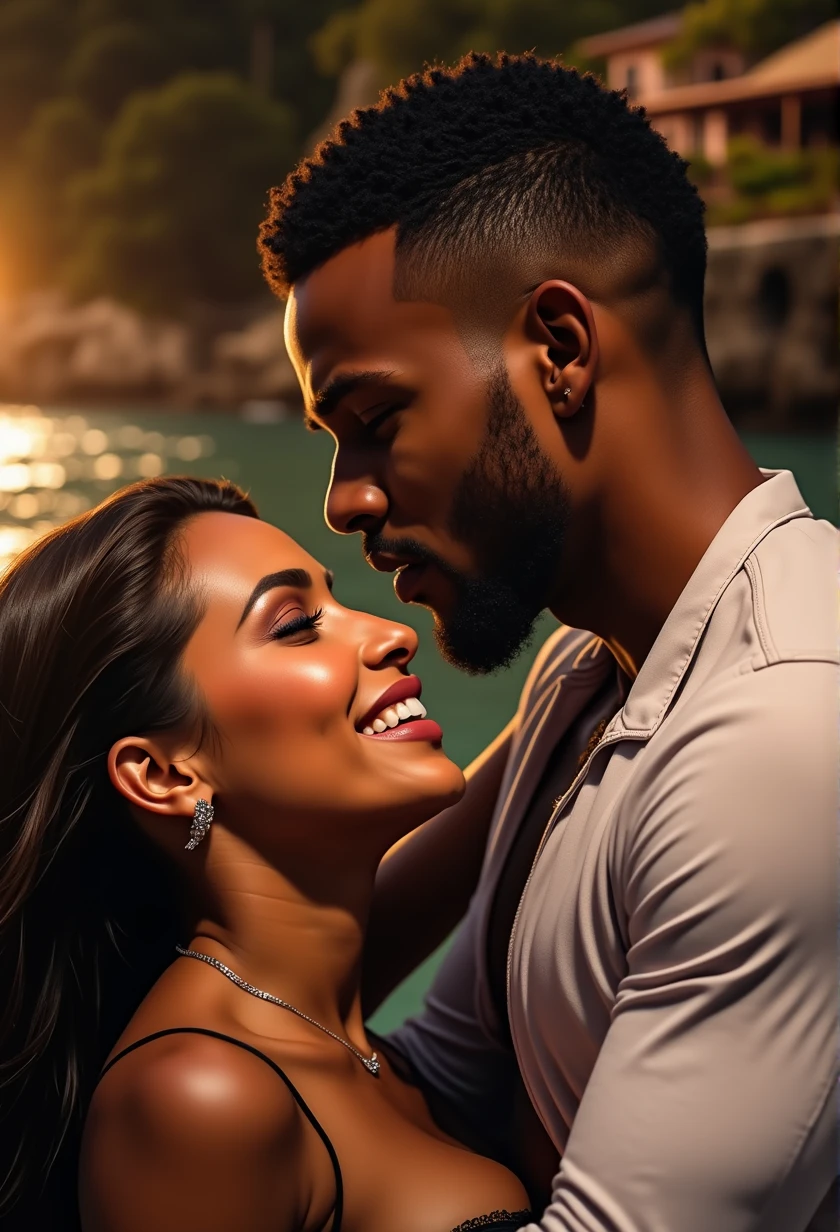 generates an action scene where a couple of lovers (a young afroamerican black man with short haircute and a beauty Latin woman with dark chocolate skin and a nice body with curves, 21 years old, round breasts and firm, wide and generous hips, a black dress with a low neckline) meet in a boardwalk facing the sea, warm colors, be creative and achieve a book cover image.
