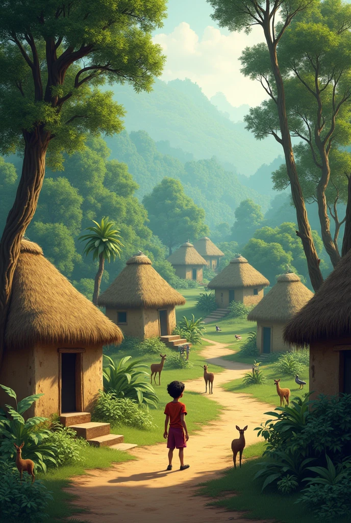 **Prompt:** "A young boy named Arjun lives in a small village in the heart of Chhattisgarh, surrounded by lush green forests and wildlife."
- Visual: A small, traditional village in the middle of a dense forest. A young boy, Arjun, is seen near his simple home, surrounded by tall trees and various animals in the distance.