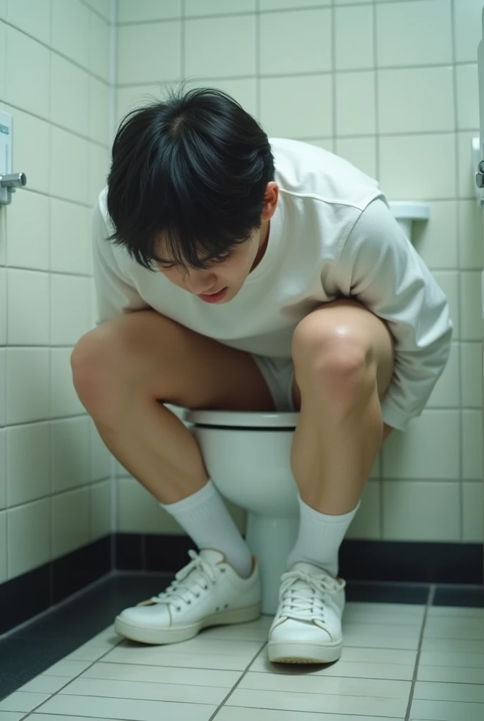 Korean male idol shitting in toilet in bathroom, Wearing white shoes and white socks, Not wearing pants, shame, Urgent, Wearing a high school gym uniform