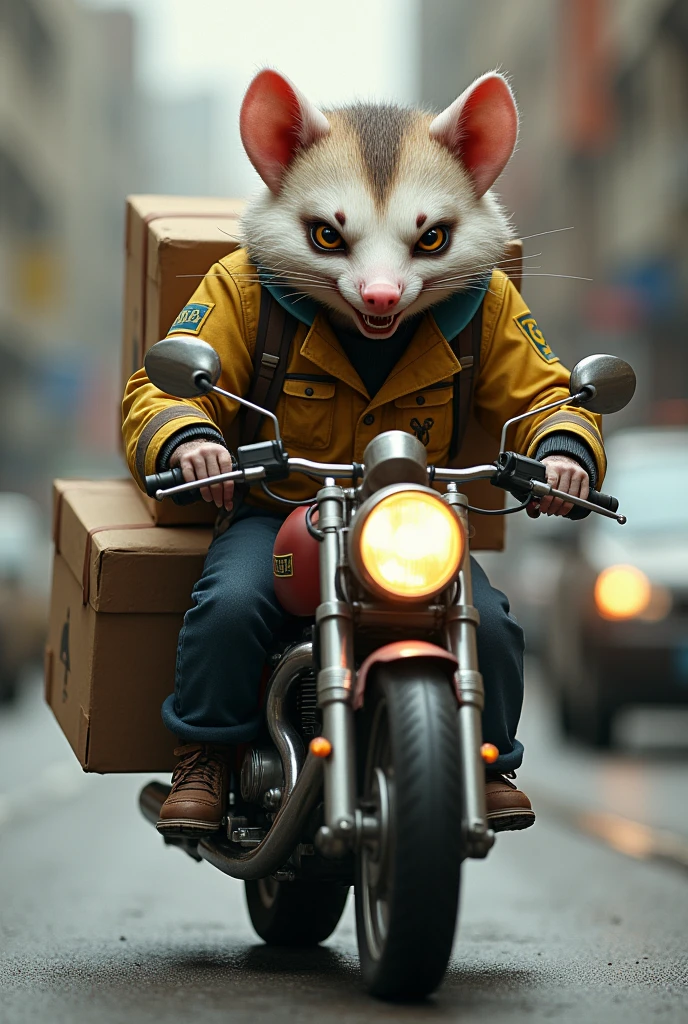 A possum on a motorcycle with a delivery box, looking mean and aggressive,  a humanized package delivery driver 