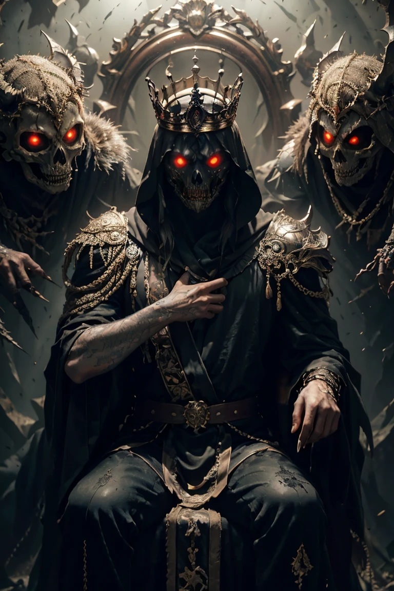 King of the Dead, sitting on the throne, King of the Dead with a crown of bones, net, black robe,  with a black blade in hand, Fantasy, dramatic photo, Dynamic photo, full body view,  Model poses, blurred background, very detailed, ultra-realistic, 8 K, (realistic:1.3), Poster, complex parts, drawing \(Artwork\), ((masterpiece,Best quality)), ((cinematic light)), hyperealistic, terrifying, dark Fantasy \(style\), Detailed armor, detailed helmet, Eight hands,  Eight Eyes, Horrible, scary, ugly, (dark shot:1.17), epic realistic, faded, ((neutral colors)), Art, (HDR:1.5), (muted colors:1.2), hyper-detailed, (Artstation:1.5), cinematic, warm light, dramatic light, (complex parts:1.1), complex background, (rutkowskyi:0.8), (Turquoise and orange:0.4)