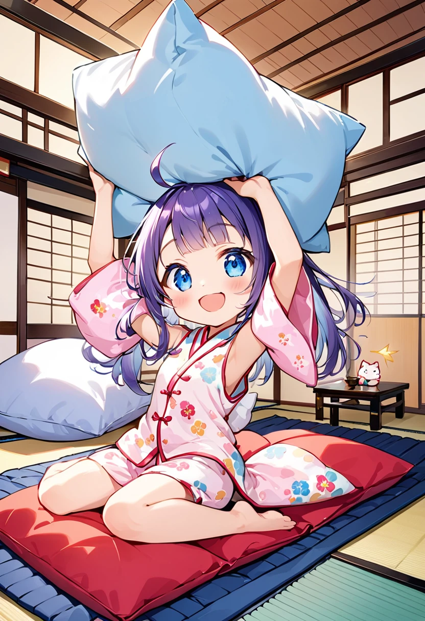 Highest quality、High resolution、Detailed Background、Beautiful face in every detail、Anatomically correct、Detailed facial expressions、fine grain、((full body, from side:1.2, looking away:1.2)), break ((One Girl:1.2)、((Chibi Girl:1.2)))、Bright pretty hair color、Big beautiful blue eyes、Fuller lips、Pink Lips、Braided twintails、Ahoge、(Throw the pillow at high speed:1.2)、(Cute sleeveless pajamas、barefoot)、break ((Put your arms above your head:1.2、Have a huge pillow:1.2))、(Happy expression、Big smile)、((The background is a Japanese-style room、The futon that is laid out、Pillows flying through the air))