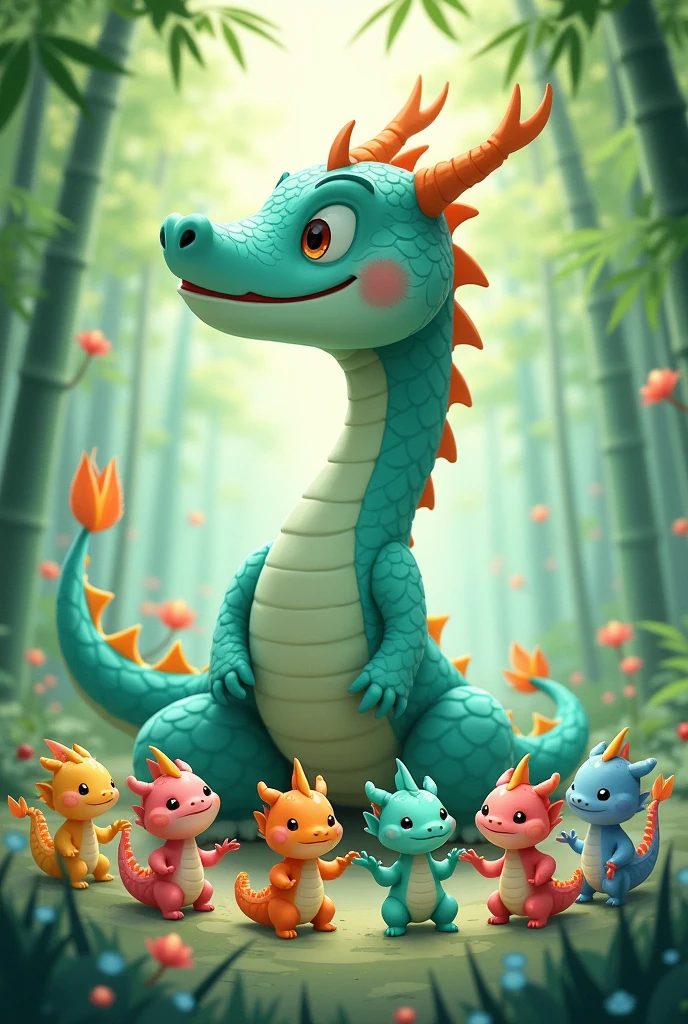A tiffany green dragon,huge,on the ground,Several little dragons held hands with him,Young dragons come in different colors.,cute style,background chinese style,forest