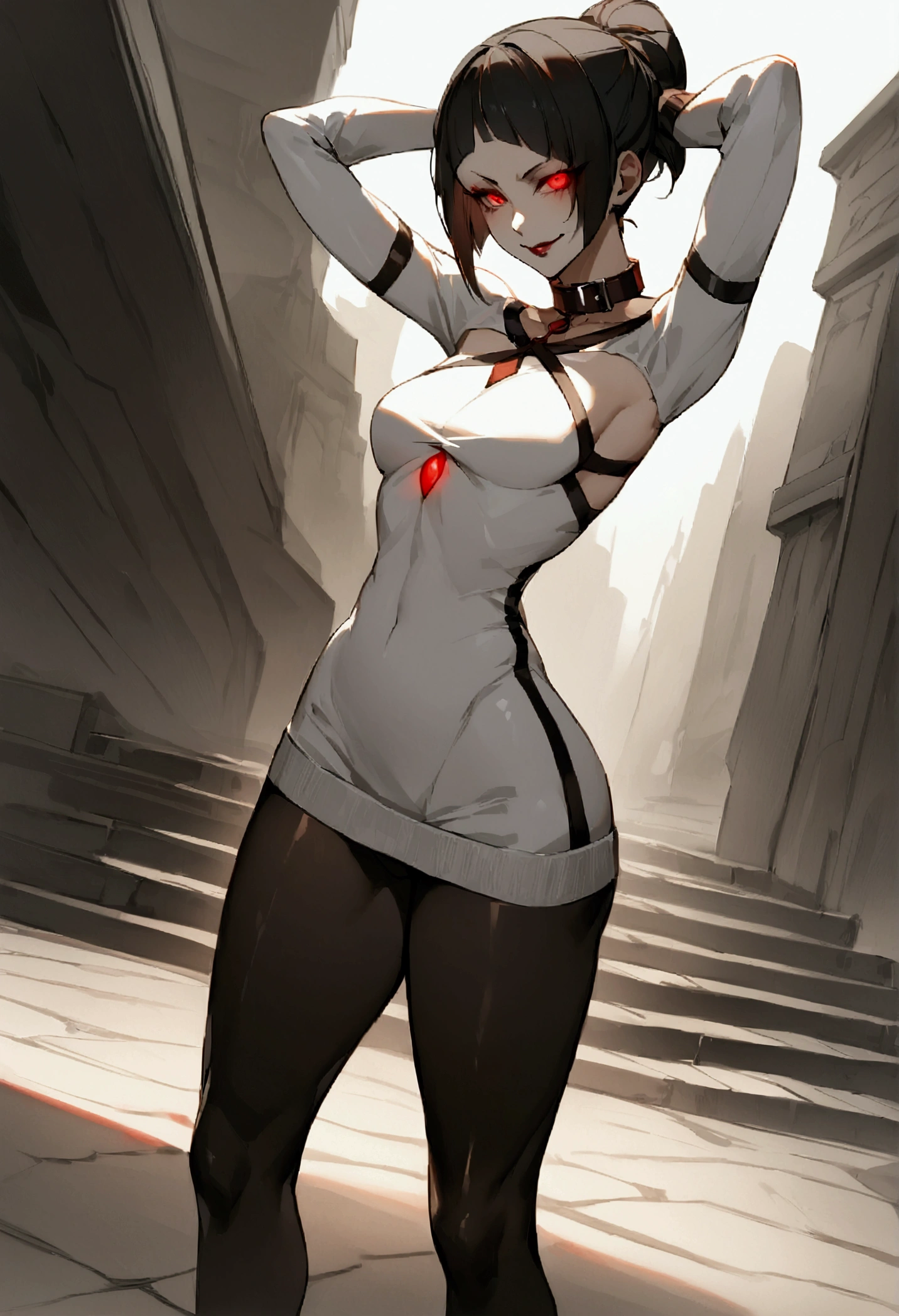 fully body,standing,alone,short hair,work of art,face detailed,young fitness linda,Wearing black pantyhose,tight white sweater with collar ,neckleace,evil smile,red eyes glowing,labiaa,eye shadow,bangs on the eyes,Hands behind the head city