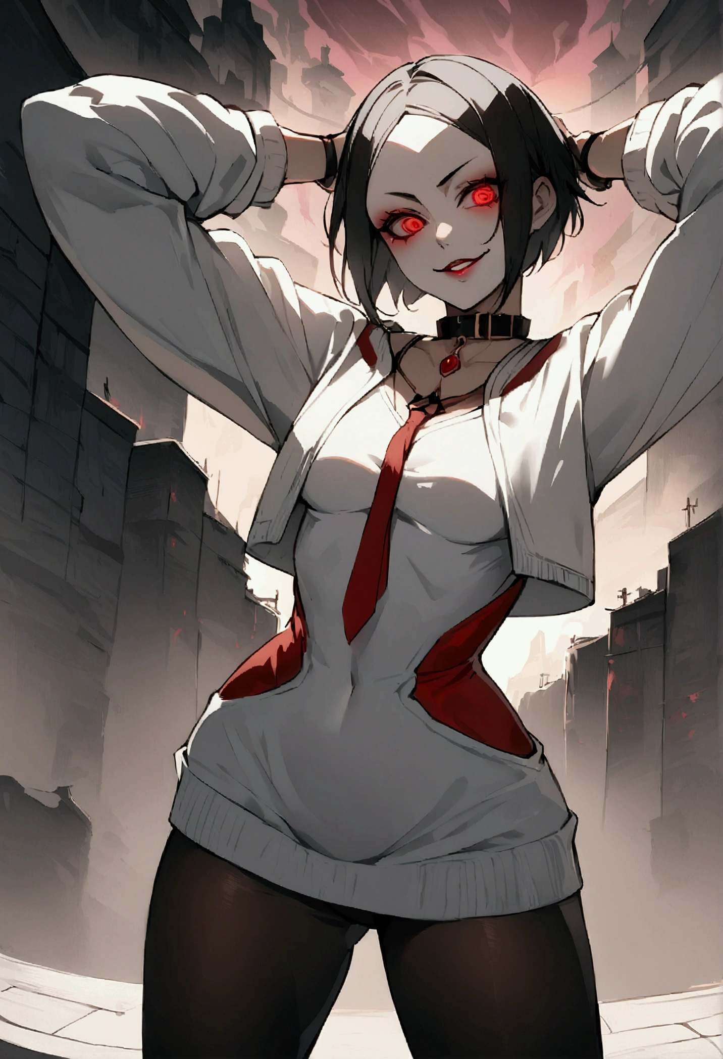 standing backwards,looking back,standing,alone,short hair with purple details,work of art,face detailed,young fitness linda,Wearing black pantyhose,tight white sweater with collar ,neckleace,evil smile,red eyes glowing,labiaa,eye shadow,bangs on the eyes,Hands behind the head city