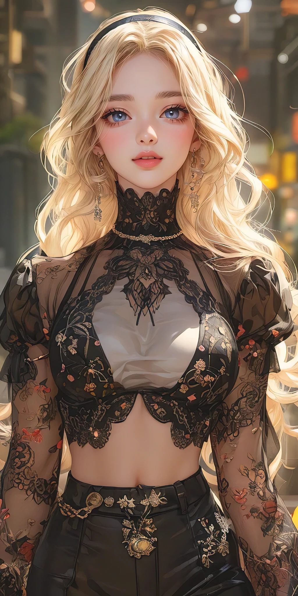3d anime illustration, woman in her twenties, blonde wavy hair, round face, full lips and dark eyes, fashionable and stylish, printed blouse, pants, hairband, st petersburg city park, waist up view, drawn by artgerm and gerald brom, hyper detailed, intricate details, ultra realistic, cinematic lighting